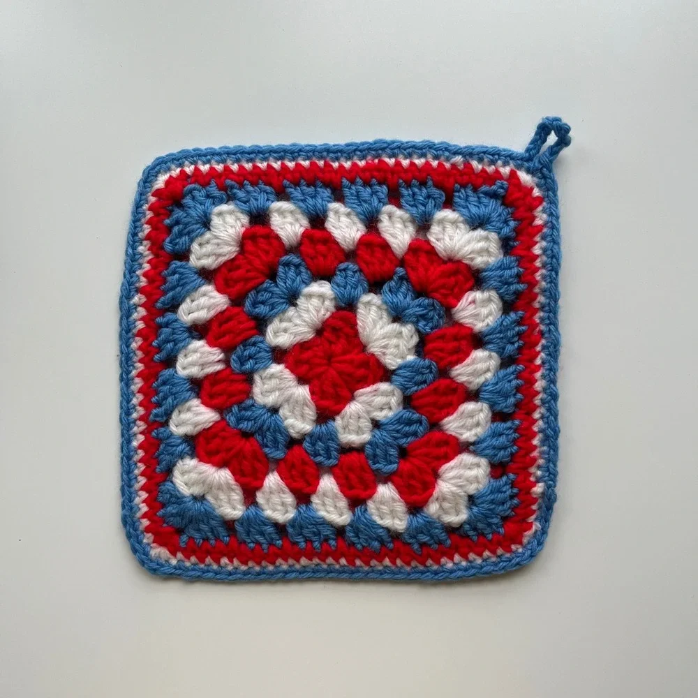 Handmade Crochet Potholder Red White Blue 8